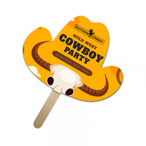 5x5 Inch Cowboy Hat Shape Full Color One Sided Mini Hand Fans - 16 pt