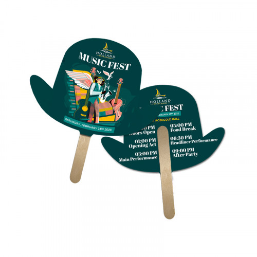 5x5 Inch Derby Hat Shape Full Color Double Sided Mini Hand Fans - 16 pt
