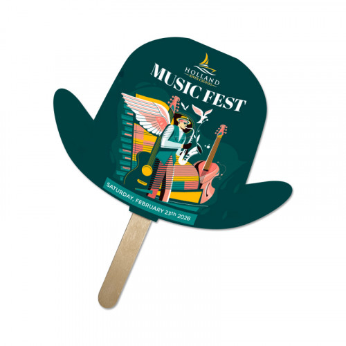 5x5 Inch Derby Hat Shape Full Color One Sided Mini Hand Fans - 16 pt