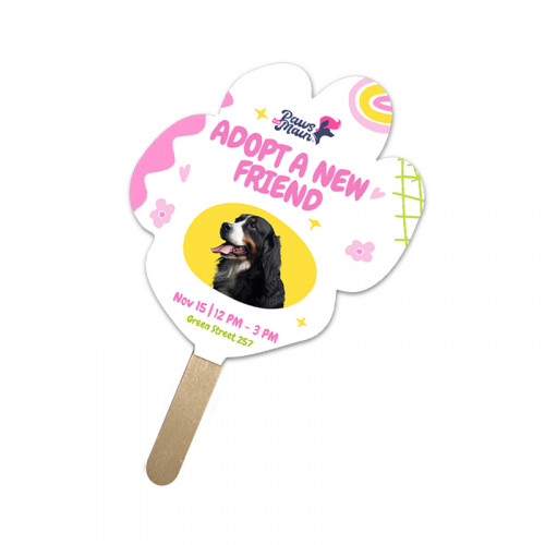 5x5 Inch Paw Shape Full Color One Sided Mini Hand Fans - 16 pt