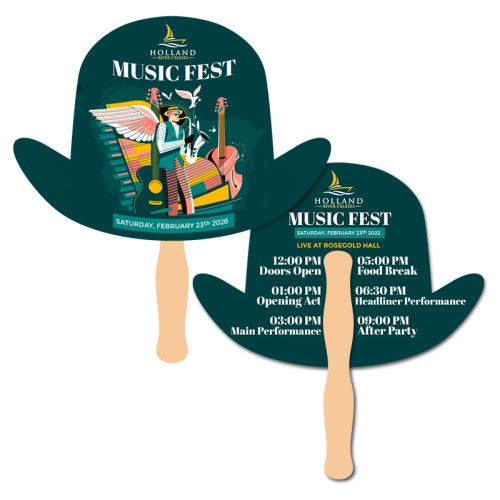 8x8 Inch Derby Hat Shape Full Color Double Sided Hand Fans - 16 pt