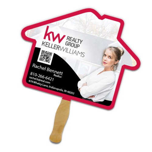 8x8 Inch House Shape Full Color One Sided Hand Fans - 16 pt