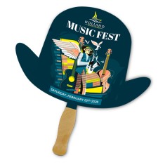 8x8 Inch Derby Hat Shape Full Color One Sided Hand Fans - 16 pt