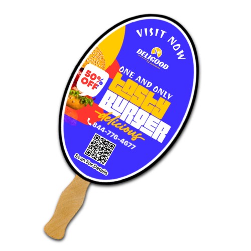9x7.25 Inch Oval Full Color One Sided Hand Fans - 16 pt